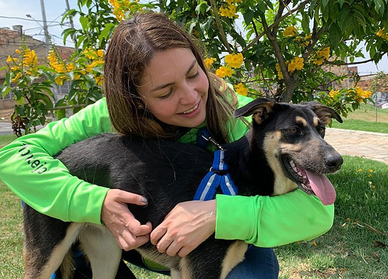Voluntaria de Arca Luminosa abrazando a un perro rescatado